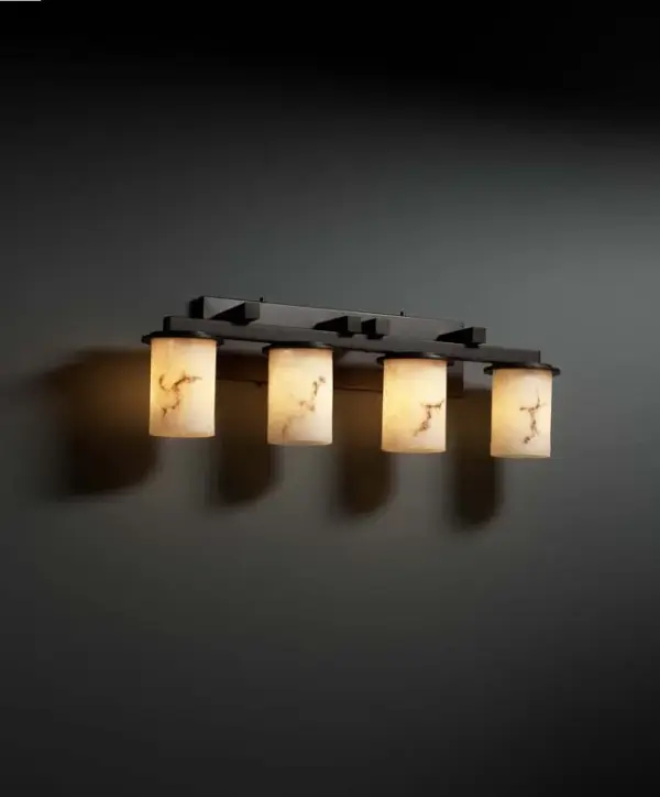 Collection: LumenAria Finish: Dark Bronze Glass: Faux Alabaster Resin Notes: This fixture can be installed as an uplight or downlight. Also available in Brushed Nickel, Matte Black, Polished Chrome finish. Width: 29.00" Height: 9.00" Extension from Wall: 6.25" Top to Outlet: 6.50" Number of Bulbs: 4 Maximum Wattage: 60.00 W Bulb Type: BA9 Torpedo Bulb Base: Bayonet Light Source: LED Safety Listing: Damp Safety Rating: Damp Energy Efficient