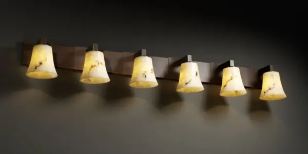 Primary Shade Material: Faux Alabaster Resin Collection: LumenAria Finish: Dark Bronze Glass: Faux Alabaster Resin Notes: Primary Shade Material: Faux Alabaster Resin Width: 55.75" Height: 7.75" Extension from Wall: 7.50" Top to Outlet: 5.25" Number of Bulbs: 6 Maximum Wattage: 60.00 W Bulb Type: B13 Torpedo Bulb Base: Medium Light Source: Incandescent Safety Listing: Damp Safety Rating: Damp