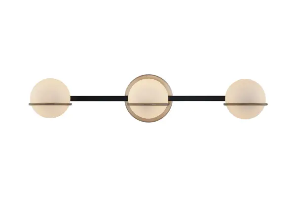 Collection: Fusion Finish: Matte Black w/ Brass Glass: Artisan Glass Width: 23.00" Height: 5.00" Extension from Wall: 6.00" Canopy: 5" Dia x 0.75" Proj. Number of Bulbs: 3 Maximum Wattage: 5.00 W Bulb Base: G9 Light Source: LED Voltage: 120.00 V Safety Listing: UL/ETL Safety Rating: Damp LED