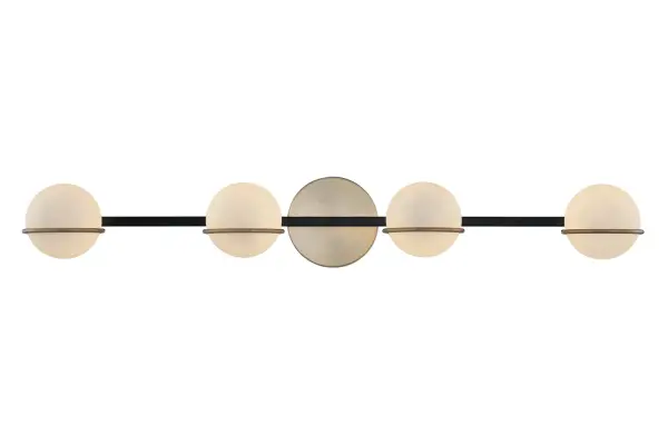 Collection: Fusion Finish: Matte Black w/ Brass Glass: Artisan Glass Width: 32.00" Height: 5.00" Extension from Wall: 6.00" Canopy: 5" Dia x 0.75" Proj. Number of Bulbs: 4 Maximum Wattage: 5.00 W Bulb Base: G9 Light Source: LED Voltage: 120.00 V Safety Listing: UL/ETL Safety Rating: Damp LED