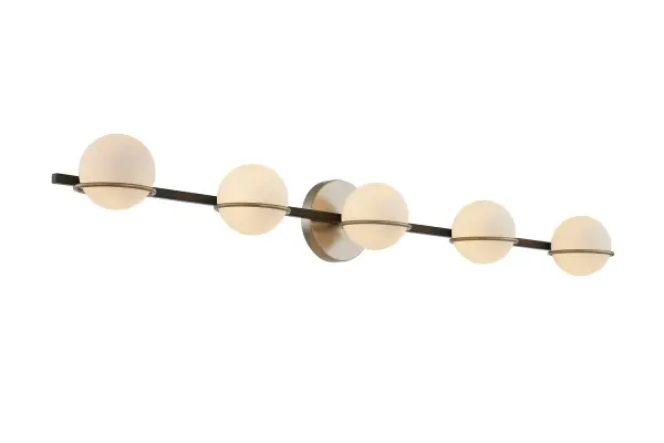Collection: Fusion Finish: Matte Black w/ Brass Glass: Artisan Glass Width: 41.00" Height: 5.00" Extension from Wall: 6.00" Canopy: 5" Dia x 0.75" Proj. Number of Bulbs: 5 Maximum Wattage: 5.00 W Bulb Base: G9 Light Source: LED Voltage: 120.00 V Safety Listing: UL/ETL Safety Rating: Damp LED