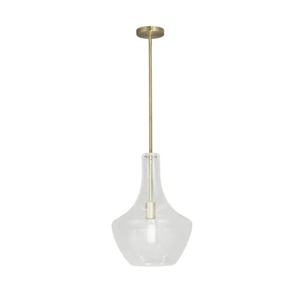 Collection: Fusion Finish: Brushed Brass Glass: Seeded Glass Width: 12.00" Height: 18.00" Canopy: 4.75" Dia. x 1" H Number of Bulbs: 1 Maximum Wattage: 60.00 W Bulb Type: A-19 Bulb Base: E26 Voltage: 120.00 V Safety Listing: UL/ETL Safety Rating: Damp