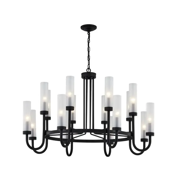 Collection: Fusion Finish: Matte Black Glass: Clear Frosted Width: 42.50" Height: 27.50" Canopy: 5.5" Dia. x 1.5" H Number of Bulbs: 16 Maximum Wattage: 40.00 W Bulb Type: BA9 Torpedo Bulb Base: E12 Voltage: 120.00 V Safety Listing: UL/ETL Safety Rating: Damp