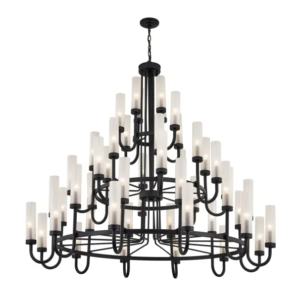 Collection: Fusion Finish: Matte Black Glass: Clear Frosted Width: 60.50" Height: 56.00" Canopy: 5.5" Dia. x 1.5" H Number of Bulbs: 48 Maximum Wattage: 25.00 W Bulb Type: BA9 Torpedo Bulb Base: E12 Voltage: 120.00 V Safety Listing: UL/ETL Safety Rating: Damp