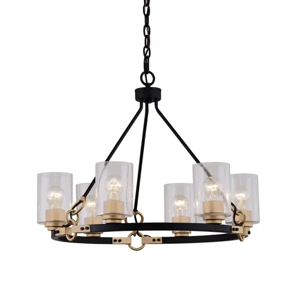 Collection: Fusion Finish: Matte Black w/ Brass Glass: Seeded Glass Width: 25.50" Height: 19.50" Canopy: 5" Dia. Number of Bulbs: 6 Maximum Wattage: 100.00 W Bulb Type: A-19 Bulb Base: E26 Voltage: 120.00 V Safety Listing: UL/ETL Safety Rating: Damp