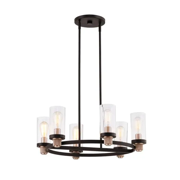 Collection: Fusion Finish: Matte Black w/ Brass Glass: Seeded Glass Width: 27.00" Height: 9.50" Canopy: 7.75" Dia. Number of Bulbs: 6 Maximum Wattage: 100.00 W Bulb Type: A-19 Bulb Base: E26 Voltage: 120.00 V Safety Listing: UL/ETL Safety Rating: Damp