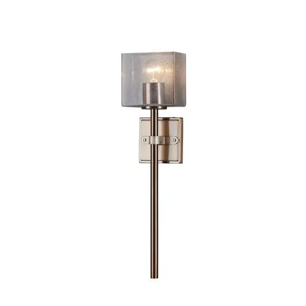 Collection: Fusion Finish: Brushed Brass Glass: Seeded Glass Width: 5.75" Height: 21.50" Extension from Wall: 4.00" Canopy: 4.5" Sq. Number of Bulbs: 1 Maximum Wattage: 100.00 W Bulb Type: A19 Bulb Base: E26 Voltage: 120.00 V Safety Listing: UL/ETL Safety Rating: Damp ADA