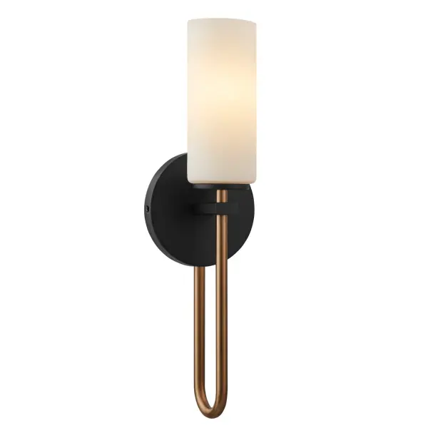 Modern wall sconce design defined by clean geometry and balanced proportions, Vertical cylindrical opal glass shade paired with a soft U-shaped Brushed Brass arm detail creates a distinctive, sculptural profile, Opal glass shade provides soft, even light diffusion while minimizing glare, Matte Black backplate contrasted with Brushed Brass detailing creates a refined two-tone composition, The black and brass combination adds depth, visual contrast, and a luxury feel, Slim, vertical form maintains a light, elegant presence on the wall, Clean round backplate design keeps the installation visually minimal, ADA compliant with less than 4" projection from the wall, suitable for corridors and high-traffic areas, Ideal for hospitality, multifamily, and commercial spaces requiring ADA compliance, Creates a soft, ambient glow that enhances wall texture and surrounding materials, Balanced composition looks intentional whether illuminated or off, Provides decorative ambient lighting without visual clutter, Designed to coordinate seamlessly with the matching ring chandelier for a cohesive lighting story, Ideal for hallways, bedrooms, living spaces, and accent walls, Well-suited for hotel corridors, guest rooms, restaurants, and lobby spaces, Suitable for residential, hospitality, and commercial environments, Versatile style complements transitional through contemporary interiors, Collection: Fusion Finish: Matte Black w/ Brass Glass: Opal Glass Width: 5.00" Height: 16.75" Extension from Wall: 4.00" Canopy: 5" Dia x 0.75" Proj. Number of Bulbs: 1 Maximum Wattage: 60.00 W Bulb Base: E26 Voltage: 120.00 V Safety Rating: Damp ADA