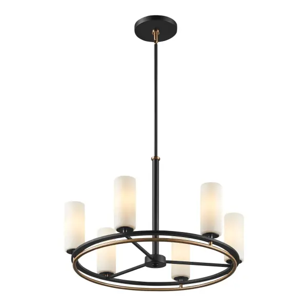 Bold ring chandelier design defined by strong geometry and balanced proportions, Dual-ring composition features a Matte Black rectangular-tube ring paired with a lower round-tube Brushed Brass ring for layered visual interest, Contrasting ring profiles and finishes create a dynamic, multi-dimensional design rarely seen in traditional ring chandeliers, Slim circular frame creates a floating, open look that feels light and balanced in the space, Evenly spaced opal glass cylinder shades provide soft, uniform light diffusion, Opal glass minimizes glare while delivering comfortable ambient illumination, Mixed-metal construction balances bold contrast with refined warmth, Brushed Brass accents introduce a sense of luxury and sophistication while adding visual warmth, Clean, minimalist armature keeps the fixture visually open and uncluttered, Circular geometry establishes strong symmetry and visual rhythm from all angles, Open ring design preserves sightlines and enhances ceiling height perception, Balanced proportions allow the fixture to read as a statement without overpowering the room, Designed to appear intentional and sculptural whether illuminated or off, Provides layered ambient lighting ideal for dining, living, and gathering spaces, Creates a warm, inviting atmosphere suited for both residential and hospitality interiors, Supplied with (1) 6 in. stem and (3) 12 in. stems for adjustable hanging height, Adjustable stem system allows the fixture height to be customized for various ceiling heights, Includes a swivel suitable for sloped ceiling installations, Clean canopy design with no visible screws for a tailored ceiling connection, Modern design with subtle mid-century influence, Distinctive dual-ring geometry sets this fixture apart from conventional single-ring designs on the market, Ideal as a focal point over dining tables, kitchen islands, conference tables, and lounge areas, Frequently specified for restaurant interiors, hotel lobbies, and hospitality environments, Well-suited for open floor plans where the fixture is visible from multiple rooms, Suitable for residential, hospitality, and commercial environments, Versatile style complements transitional through contemporary interiors, Collection: Fusion Finish: Matte Black w/ Brass Glass: Opal Glass Width: 26.50" Height: 17.00" Canopy: 6.5" Dia. x 0.75" H Number of Bulbs: 6 Maximum Wattage: 60.00 W Bulb Base: E26 Voltage: 120.00 V Safety Rating: Damp