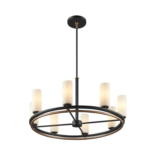 Bold ring chandelier design defined by strong geometry and balanced proportions, Dual-ring composition features a Matte Black rectangular-tube ring paired with a lower round-tube Brushed Brass ring for layered visual interest, Contrasting ring profiles and finishes create a dynamic, multi-dimensional design rarely seen in traditional ring chandeliers, Slim circular frame creates a floating, open look that feels light and balanced in the space, Evenly spaced opal glass cylinder shades provide soft, uniform light diffusion, Opal glass minimizes glare while delivering comfortable ambient illumination, Mixed-metal construction balances bold contrast with refined warmth, Brushed Brass accents introduce a sense of luxury and sophistication while adding visual warmth, Clean, minimalist armature keeps the fixture visually open and uncluttered, Circular geometry establishes strong symmetry and visual rhythm from all angles, Open ring design preserves sightlines and enhances ceiling height perception, Balanced proportions allow the fixture to read as a statement without overpowering the room, Designed to appear intentional and sculptural whether illuminated or off, Provides layered ambient lighting ideal for dining, living, and gathering spaces, Creates a warm, inviting atmosphere suited for both residential and hospitality interiors, Supplied with (1) 6 in. stem and (3) 12 in. stems for adjustable hanging height, Adjustable stem system allows the fixture height to be customized for various ceiling heights, Includes a swivel suitable for sloped ceiling installations, Clean canopy design with no visible screws for a tailored ceiling connection, Modern design with subtle mid-century influence, Distinctive dual-ring geometry sets this fixture apart from conventional single-ring designs on the market, Ideal as a focal point over dining tables, kitchen islands, conference tables, and lounge areas, Frequently specified for restaurant interiors, hotel lobbies, and hospitality environments, Well-suited for open floor plans where the fixture is visible from multiple rooms, Suitable for residential, hospitality, and commercial environments, Versatile style complements transitional through contemporary interiors, Collection: Fusion Finish: Matte Black w/ Brass Glass: Opal Glass Width: 32.50" Height: 18.00" Canopy: 6.5" Dia. x 0.75" H Number of Bulbs: 8 Maximum Wattage: 60.00 W Bulb Base: E26 Voltage: 120.00 V Safety Rating: Damp