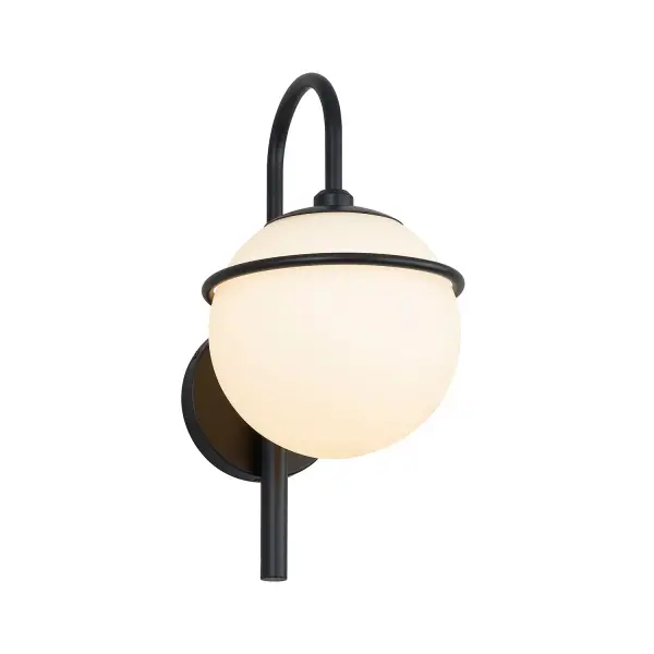 Collection: Fusion Finish: Matte Black Glass: Opal Glass Width: 7.50" Height: 14.50" Extension from Wall: 9.00" Canopy: 4.5" Dia. Number of Bulbs: 1 Maximum Wattage: 60.00 W Bulb Base: E26 Voltage: 120.00 V Safety Listing: UL/ETL Safety Rating: Wet