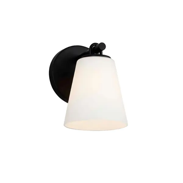 Collection: Fusion Finish: Matte Black Glass: Opal Glass Width: 5.00" Height: 7.25" Extension from Wall: 6.50" Canopy: 5" Dia. Number of Bulbs: 1 Maximum Wattage: 100.00 W Bulb Base: E26 Voltage: 120.00 V Safety Listing: UL/ETL Safety Rating: Damp