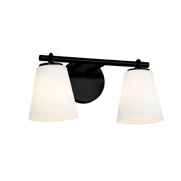 Collection: Fusion Finish: Matte Black Glass: Opal Glass Width: 15.00" Height: 7.25" Extension from Wall: 6.50" Canopy: 5" Dia. Number of Bulbs: 2 Maximum Wattage: 100.00 W Bulb Base: E26 Voltage: 120.00 V Safety Listing: UL/ETL Safety Rating: Damp