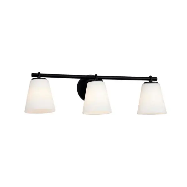 Collection: Fusion Finish: Matte Black Glass: Opal Glass Width: 25.00" Height: 7.25" Extension from Wall: 6.50" Canopy: 5" Dia. Number of Bulbs: 3 Maximum Wattage: 100.00 W Bulb Base: E26 Voltage: 120.00 V Safety Listing: UL/ETL Safety Rating: Damp