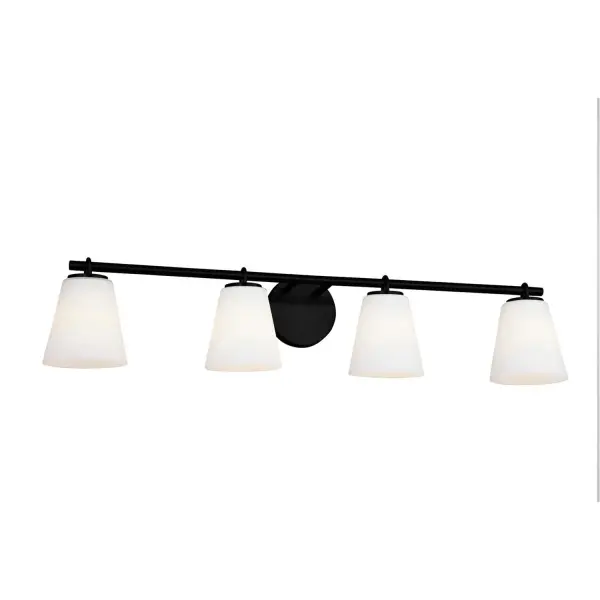 Collection: Fusion Finish: Matte Black Glass: Opal Glass Width: 35.00" Height: 7.25" Extension from Wall: 6.50" Canopy: 5" Dia. Number of Bulbs: 4 Maximum Wattage: 100.00 W Bulb Base: E26 Voltage: 120.00 V Safety Listing: UL/ETL Safety Rating: Damp