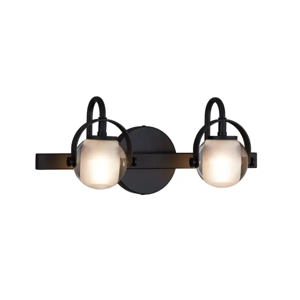 Collection: Fusion Finish: Matte Black Glass: Clear Glass with Opal Width: 15.50" Height: 6.50" Extension from Wall: 5.25" Canopy: 4.5" Dia. Number of Bulbs: 2 Maximum Wattage: 5.00 W Bulb Type: G-9 Bulb Base: G9 Light Source: LED Voltage: 120.00 V Safety Listing: UL/ETL Safety Rating: Damp LED