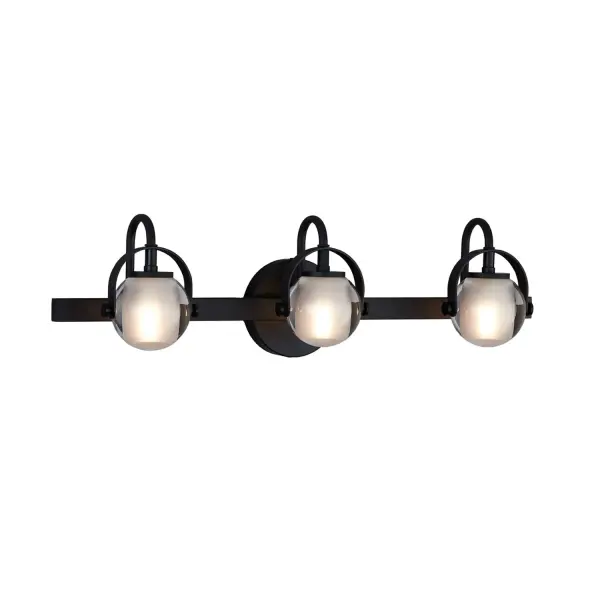 Collection: Fusion Finish: Matte Black Glass: Clear Glass with Opal Width: 24.00" Height: 6.50" Extension from Wall: 5.25" Canopy: 4.5" Dia. Number of Bulbs: 3 Maximum Wattage: 5.00 W Bulb Type: G9 Bulb Base: G9 Light Source: LED Voltage: 120.00 V Safety Listing: UL/ETL Safety Rating: Damp LED