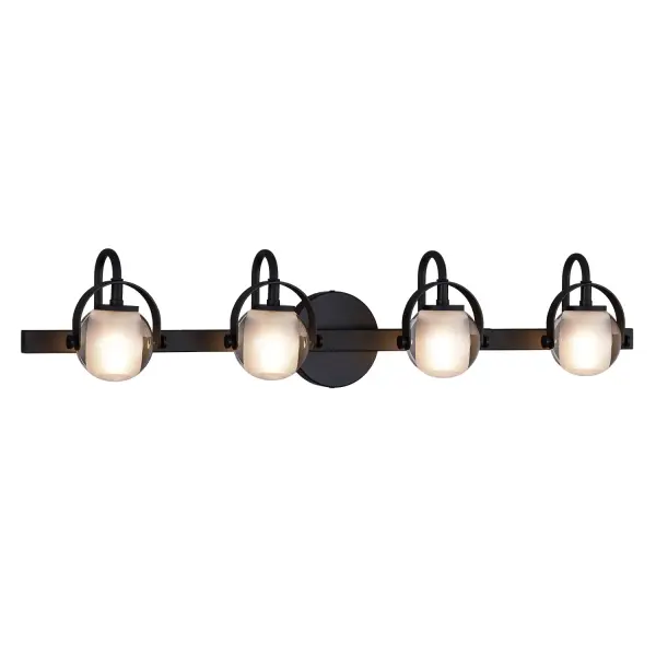 Collection: Fusion Finish: Matte Black Glass: Clear Glass with Opal Width: 32.50" Height: 6.50" Extension from Wall: 5.25" Canopy: 4.5" Dia. Number of Bulbs: 4 Maximum Wattage: 5.00 W Bulb Type: G9 Bulb Base: G9 Light Source: LED Voltage: 120.00 V Safety Listing: UL/ETL Safety Rating: Damp LED