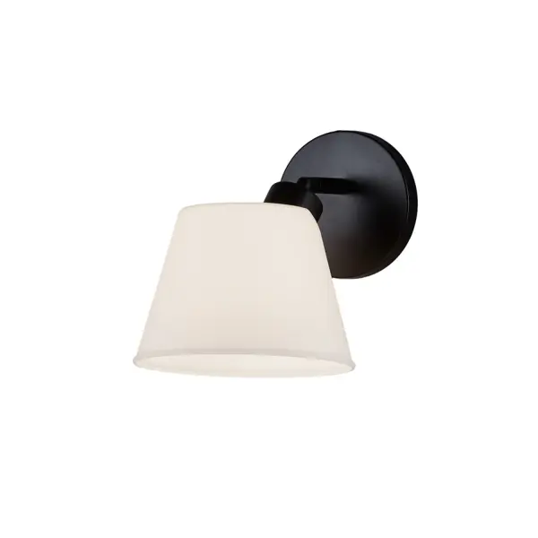 Collection: Fusion Finish: Matte Black Glass: Opal Glass Width: 6.75" Height: 7.75" Extension from Wall: 9.25" Canopy: 5" Dia. Number of Bulbs: 1 Maximum Wattage: 100.00 W Bulb Type: A-19 Bulb Base: E26 Voltage: 120.00 V Safety Listing: UL/ETL Safety Rating: Damp