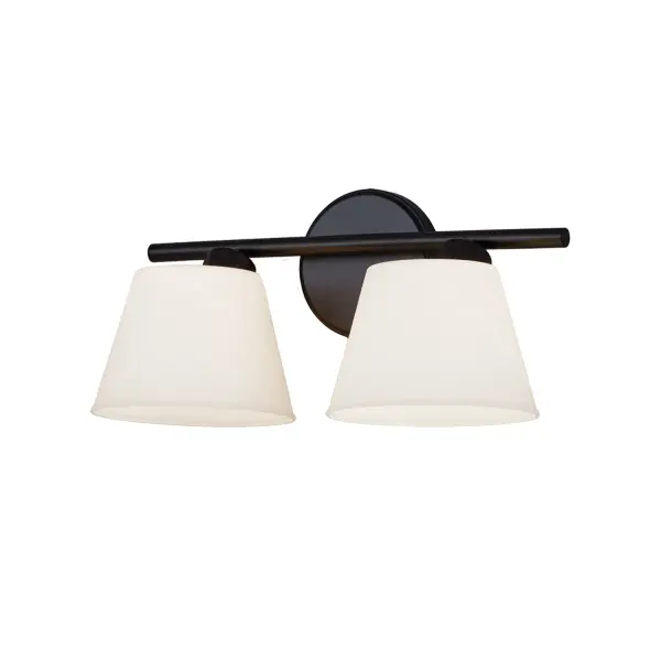 Collection: Fusion Finish: Matte Black Glass: Opal Glass Width: 15.50" Height: 7.75" Extension from Wall: 9.25" Canopy: 5" Dia. Number of Bulbs: 2 Maximum Wattage: 100.00 W Bulb Type: A-19 Bulb Base: E26 Voltage: 120.00 V Safety Listing: UL/ETL Safety Rating: Damp