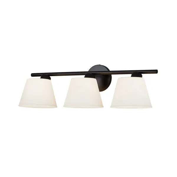 Collection: Fusion Finish: Matte Black Glass: Opal Glass Width: 24.00" Height: 7.75" Extension from Wall: 9.25" Canopy: 5" Dia. Number of Bulbs: 3 Maximum Wattage: 100.00 W Bulb Type: A-19 Bulb Base: E26 Voltage: 120.00 V Safety Listing: UL/ETL Safety Rating: Damp