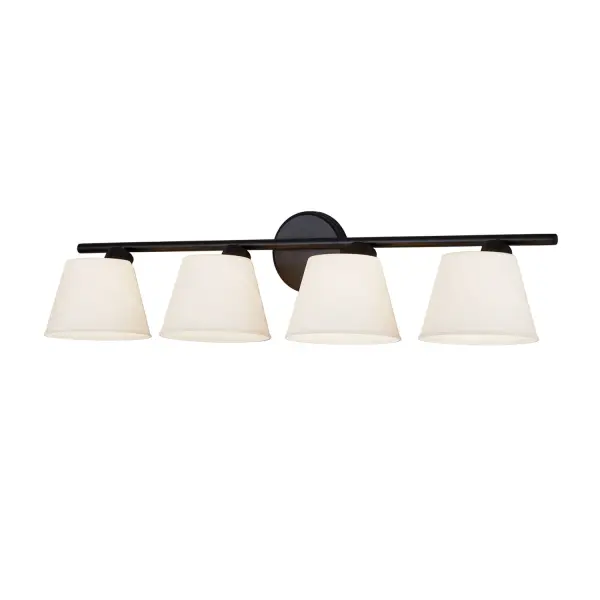 Collection: Fusion Finish: Matte Black Glass: Opal Glass Width: 32.75" Height: 7.75" Extension from Wall: 9.25" Canopy: 5" Dia. Number of Bulbs: 4 Maximum Wattage: 100.00 W Bulb Type: A-19 Bulb Base: E26 Voltage: 120.00 V Safety Listing: UL/ETL Safety Rating: Damp