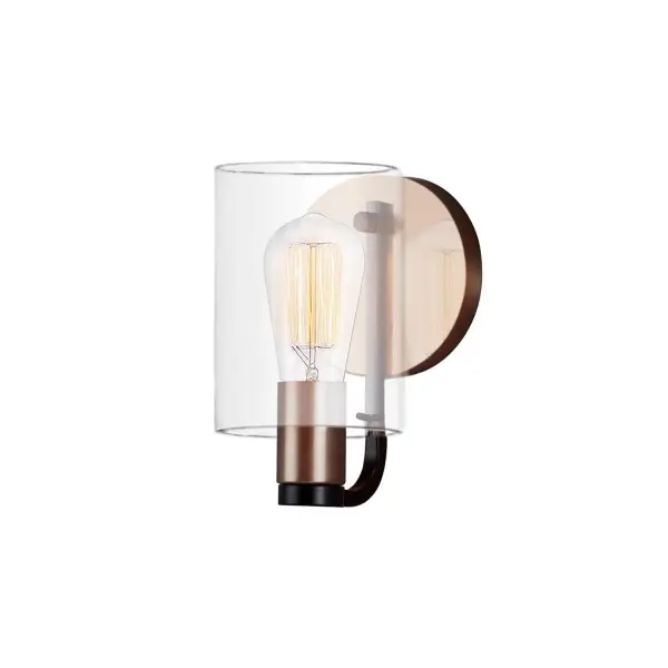 Collection: Fusion Finish: Matte Black w/ Brass Glass: Clear Acrylic Width: 4.50" Height: 7.75" Extension from Wall: 5.75" Canopy: 4.5" Dia. Number of Bulbs: 1 Maximum Wattage: 100.00 W Bulb Type: A-19 Bulb Base: E26 Voltage: 120.00 V Safety Listing: UL/ETL Safety Rating: Damp