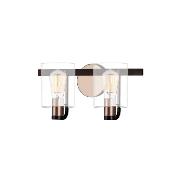 Collection: Fusion Finish: Matte Black w/ Brass Glass: Clear Acrylic Width: 15.50" Height: 7.75" Extension from Wall: 5.75" Canopy: 4.5" Dia. Number of Bulbs: 2 Maximum Wattage: 100.00 W Bulb Type: A-19 Bulb Base: E26 Voltage: 120.00 V Safety Listing: UL/ETL Safety Rating: Damp