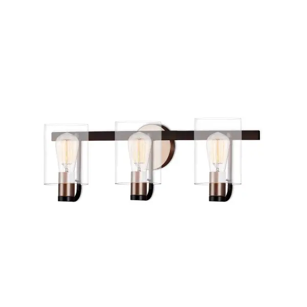 Collection: Fusion Finish: Matte Black w/ Brass Glass: Clear Acrylic Width: 24.00" Height: 7.75" Extension from Wall: 5.75" Canopy: 4.5" Dia. Number of Bulbs: 3 Maximum Wattage: 100.00 W Bulb Type: A-19 Bulb Base: E26 Voltage: 120.00 V Safety Listing: UL/ETL Safety Rating: Damp