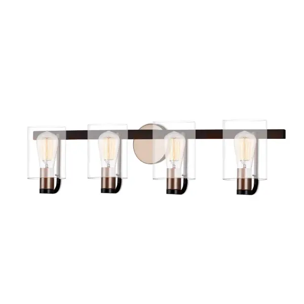 Collection: Fusion Finish: Matte Black w/ Brass Glass: Clear Acrylic Width: 32.50" Height: 7.75" Extension from Wall: 5.75" Canopy: 4.5" Dia. Number of Bulbs: 4 Maximum Wattage: 100.00 W Bulb Type: A-19 Bulb Base: E26 Voltage: 120.00 V Safety Listing: UL/ETL Safety Rating: Damp