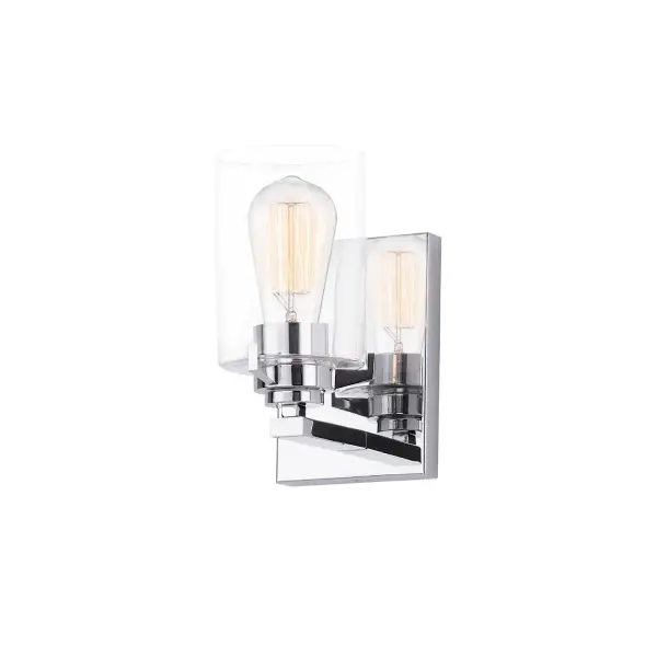 Collection: Cilindro Finish: Polished Chrome Glass: Clear Glass Width: 4.75" Height: 8.25" Extension from Wall: 6.00" Canopy: 4.75" W x 6.75" H Number of Bulbs: 1 Maximum Wattage: 100.00 W Bulb Base: E26 Voltage: 120.00 V Safety Listing: UL/ETL Safety Rating: Damp
