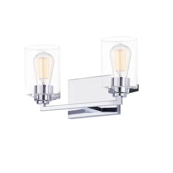 Collection: Fusion Finish: Polished Chrome Glass: Clear Glass Width: 14.25" Height: 8.25" Extension from Wall: 6.00" Canopy: 6.75" W x 4.75" H Number of Bulbs: 2 Maximum Wattage: 100.00 W Bulb Base: E26 Voltage: 120.00 V Safety Listing: UL/ETL Safety Rating: Damp