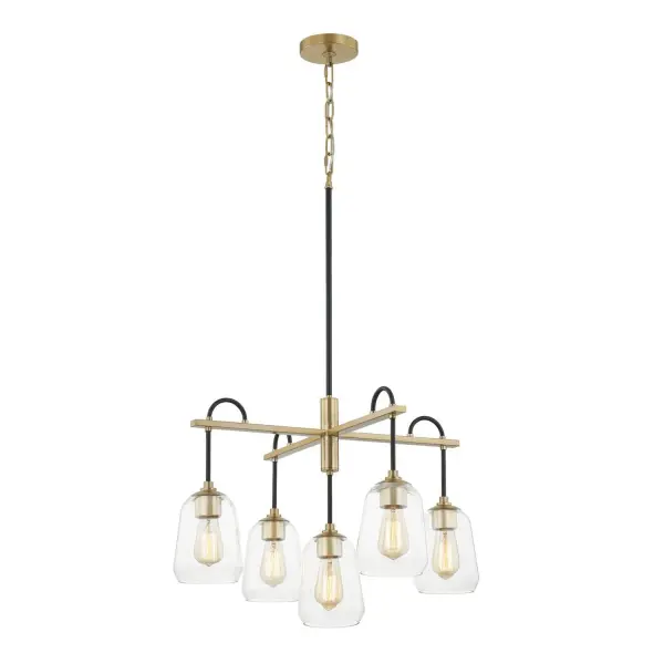 Collection: Fusion Finish: Matte Black w/ Brass Glass: Clear Glass Width: 27.00" Height: 18.00" Canopy: 5" Dia. Number of Bulbs: 5 Maximum Wattage: 60.00 W Bulb Base: E26 Voltage: 120.00 V Safety Listing: UL/ETL Safety Rating: Damp