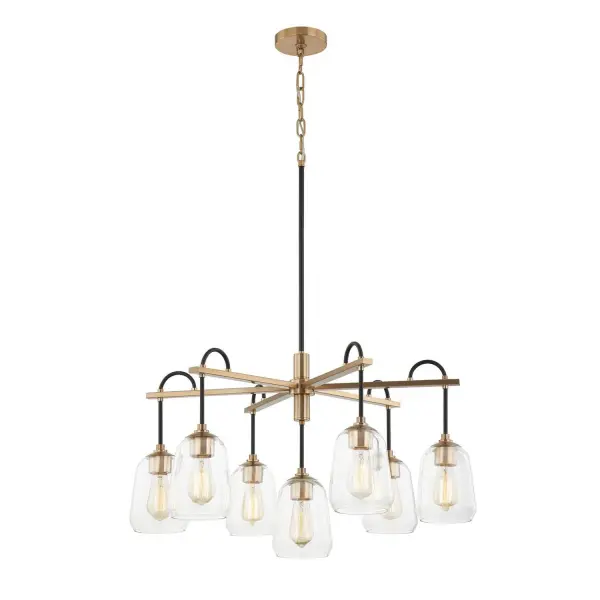 Collection: Fusion Finish: Matte Black w/ Brass Glass: Clear Glass Width: 32.00" Height: 18.00" Canopy: 5" Dia. Number of Bulbs: 7 Maximum Wattage: 60.00 W Bulb Base: E26 Voltage: 120.00 V Safety Listing: UL/ETL Safety Rating: Damp