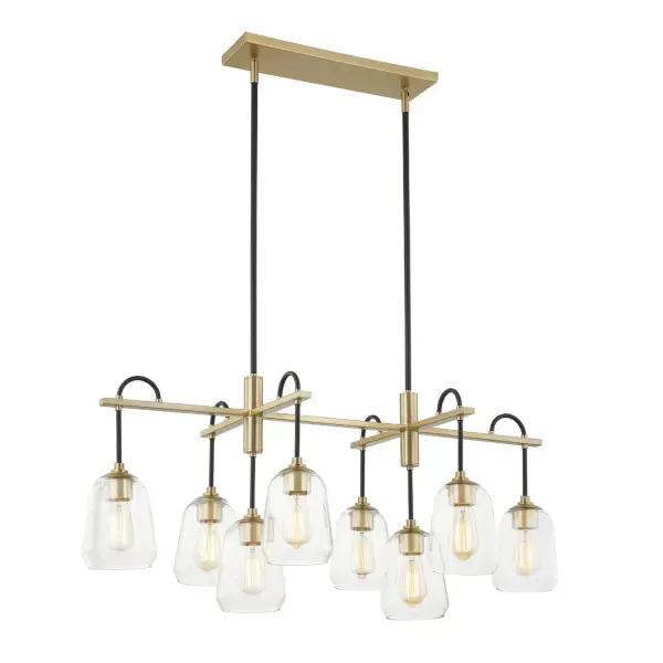 Collection: Fusion Finish: Matte Black w/ Brass Glass: Clear Glass Width: 22.00" Height: 15.50" Length: 42.00" Canopy: 18" L x 5" W x 0.75" H Number of Bulbs: 8 Maximum Wattage: 60.00 W Bulb Base: E26 Voltage: 120.00 V Safety Listing: UL/ETL Safety Rating: Damp