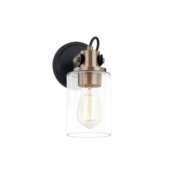 Collection: Fusion Finish: Matte Black w/ Brass Glass: Clear Glass Width: 4.50" Height: 9.00" Extension from Wall: 7.00" Canopy: 4.5" Dia. Number of Bulbs: 1 Maximum Wattage: 100.00 W Bulb Base: E26 Voltage: 120.00 V Safety Listing: UL/ETL Safety Rating: Damp