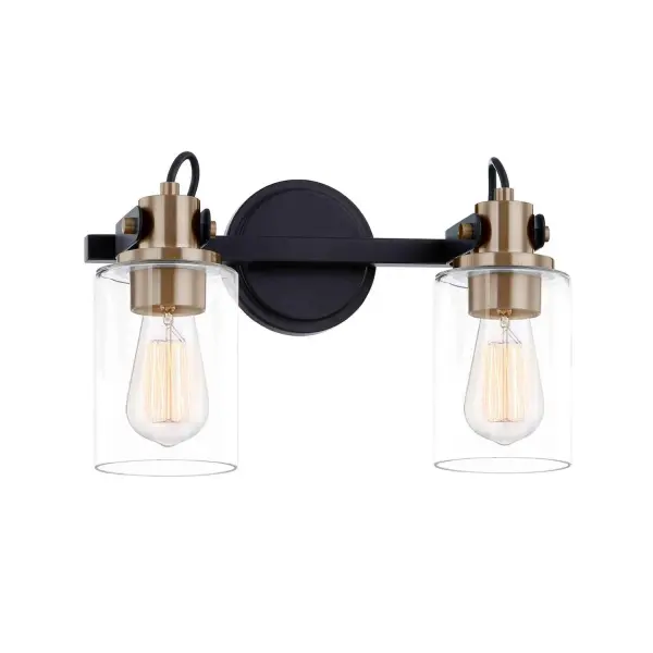 Collection: Fusion Finish: Matte Black w/ Brass Glass: Clear Glass Width: 13.75" Height: 9.00" Extension from Wall: 7.00" Canopy: 4.5" Dia. Number of Bulbs: 2 Maximum Wattage: 100.00 W Bulb Base: E26 Voltage: 120.00 V Safety Listing: UL/ETL Safety Rating: Damp