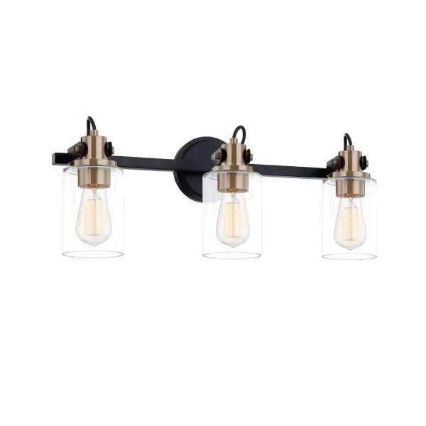 Collection: Fusion Finish: Matte Black w/ Brass Glass: Clear Glass Width: 23.50" Height: 9.00" Extension from Wall: 7.00" Canopy: 4.5" Dia. Number of Bulbs: 3 Maximum Wattage: 100.00 W Bulb Base: E26 Voltage: 120.00 V Safety Listing: UL/ETL Safety Rating: Damp