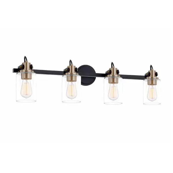 Collection: Fusion Finish: Matte Black w/ Brass Glass: Clear Glass Width: 33.50" Height: 9.00" Extension from Wall: 7.00" Canopy: 4.5" Dia. Number of Bulbs: 4 Maximum Wattage: 100.00 W Bulb Base: E26 Voltage: 120.00 V Safety Listing: UL/ETL Safety Rating: Damp