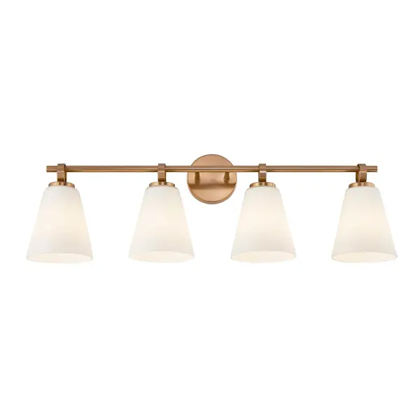 Four-light bath vanity sconce from the Bolzano Family featuring a balanced, architectural composition that feels modern yet timeless, Designed for versatile installation, this fixture can be mounted upward or downward to suit different lighting needs and aesthetic preferences, When mounted downward, each shade creates the visual impression of being suspended from the thick, flat decorative ring by the horizontal bar, creating a jewelry-like accent that adds depth, craftsmanship, and visual interest without overpowering the design, A continuous horizontal bar in a brushed brass finish anchors the composition and provides a clean, linear framework ideal for wider vanities and long mirrors, Each light features a gently tapered opal artisan glass shade with a softly flared bottom, offering a refined silhouette that avoids harsh angles while remaining structured and intentional, The opal glass diffuses light evenly, producing a warm, flattering glow without glare or visible hotspots, ideal for daily grooming and ambient illumination, Brushed brass metal components deliver a warm, understated sophistication, and pairs effortlessly with modern and transitional interiors, The round backplate is simple and well proportioned, grounding the fixture cleanly against the wall while keeping visual focus on the shades and ring details, Thoughtfully scaled for repeated use, this four light configuration is ideal for above long bathroom mirrors, double vanities, or hospitality applications, A calm, intentional design that balances form and function, making it suitable for residential, commercial, and hospitality settings, Requires (4) medium base E26 bulbs (not included), compatible with dimmer switches when used with dimmable bulbs, ETL listed for damp locations and Title 24 compliant. Collection: Fusion Finish: Brushed Brass Glass: Opal Glass Width: 33.00" Height: 10.75" Extension from Wall: 6.50" Canopy: 4.75" Dia x 0.75" Proj. Number of Bulbs: 4 Maximum Wattage: 100.00 W Bulb Base: E26 Voltage: 120.00 V Safety Rating: Damp