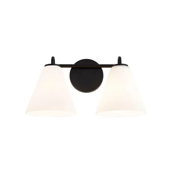 Two-light bath vanity wall sconce that expands on the Pavia family's calm, architectural language, introducing symmetry, rhythm, and greater visual presence while remaining refined and versatile, Balanced horizontal composition featuring two matching tapered opal glass shades mounted on a straight metal bar and centered round backplate, creating a clean, orderly profile that feels intentional rather than decorative, Dual-shade layout provides a broader visual footprint, making it ideal for vanities, wider wall sections, or spaces where a single sconce may feel underscaled, Smooth opal artisan glass shades with a gently flare at the opening, delivering a timeless silhouette that feels neither overly traditional nor aggressively modern, Repeating shade forms create visual rhythm and symmetry, adding structure without rigidity, Matte black metal finish grounds the design with modern contrast, remaining soft and non-reflective so the glass stays the focal point, Architectural metal details include a proportional round backplate, a straight horizontal bar for clarity, and subtly curved arms that introduce softness and movement, Mounts upward or downward to suit different lighting needs and moods, Downward orientation offers functional, controlled illumination ideal for vanities and task adjacent applications, Upward orientation creates a softer, ambient wall wash with an architectural, atmospheric feel, Well-resolved proportions with substantial shades, even spacing, and a correctly scaled backplate for a calm, composed appearance, Dual opal shades provide fuller, more enveloping light while maintaining a soft, flattering quality suitable for residential and hospitality interiors, Simple geometry and material contrast that avoid trend fatigue and ensure long-term design relevance, Requires (2) medium (E26) 100W bulbs (not included), Dimmable with compatible dimmer, ETL listed for damp locations, Title 24 compliant Collection: Fusion Finish: Matte Black Glass: Opal Glass Width: 15.75" Height: 8.25" Extension from Wall: 7.25" Canopy: 4.75" Dia x 0.75" Proj. Number of Bulbs: 2 Maximum Wattage: 100.00 W Bulb Base: E26 Voltage: 120.00 V Safety Rating: Damp
