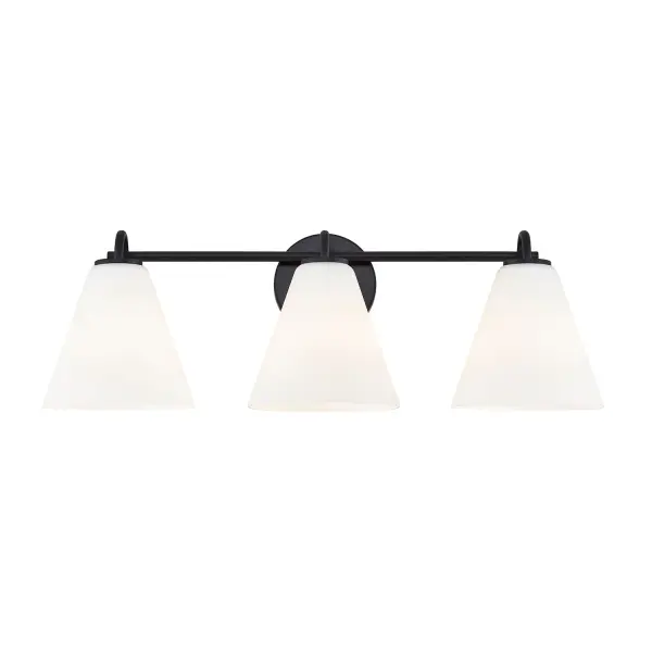 Refined contemporary bath vanity sconce featuring three tapered opal artisan glass shades arranged along a clean horizontal bar, creating a balanced and architectural composition, Softly flared opal glass diffuses light evenly with no glare, producing a warm, flattering glow ideal for bathrooms and vanity applications, Matte black metal finish provides modern contrast against the artisan opal glass while maintaining a smooth, non-reflective, architectural character, Subtle curved arms connect each shade to the horizontal bar, introducing gentle movement and visual softness without disrupting the clean geometry, Round backplate anchors the fixture with a centered, proportional presence that keeps the overall design composed and intentional, Dual-mount capability allows installation upward or downward to suit different lighting needs and aesthetics, Downward orientation delivers focused, functional illumination ideal for vanity and task-adjacent use, Upward orientation creates a softer, ambient wash of light that feels architectural and atmospheric, Simple geometry, circles and soft tapers, ensures timeless appeal that avoids trend fatigue and works across modern, transitional, and hospitality interiors, Balanced proportions and symmetrical spacing give the fixture visual rhythm and presence, making it ideal for wider mirrors and larger wall spans, Attractive both illuminated and unlit, offering a calm, confident design that feels purposeful rather than decorative, Requires (3) medium (E26) 100-watt bulbs (not included), Compatible with dimmer switches for adjustable light levels, ETL listed for damp locations, Title 24 compliant. Collection: Fusion Finish: Matte Black Glass: Opal Glass Width: 24.75" Height: 8.25" Extension from Wall: 7.25" Canopy: 4.75" Dia x 0.75" Proj. Number of Bulbs: 3 Maximum Wattage: 100.00 W Bulb Base: E26 Voltage: 120.00 V Safety Rating: Damp