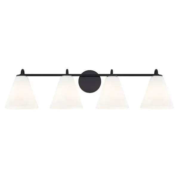 Clean, contemporary four-light vanity sconce with a balanced horizontal profile, ideal for larger vanities and wide mirror applications, Four tapered opal artisan glass shades create visual rhythm and symmetry, delivering a refined yet substantial presence, Softly flared glass diffuses light evenly with no glare or visible bulb, providing a warm and flattering illumination, Matte black metal finish offers modern contrast and a grounded architectural look while allowing the glass to remain the focal point, Straight horizontal bar and subtly curved arms introduce clean structure with gentle movement, avoiding a rigid or utilitarian feel, Dual-mount design allows installation upward or downward for flexible styling and lighting control, Downward orientation provides focused, functional lighting ideal for vanity and task use, Upward orientation creates a softer, ambient wall wash with an architectural, atmospheric effect, Thoughtfully proportioned for visual balance, ensuring the fixture feels substantial without overwhelming the space, Timeless geometry and restrained detailing make this fixture suitable for contemporary, transitional, and hospitality interiors, Requires (4) medium (E26) 100W bulbs (not included), Dimmable when used with compatible bulbs and dimmer switch, ETL listed for damp locations, Title 24 compliant Collection: Fusion Finish: Matte Black Glass: Opal Glass Width: 33.75" Height: 8.25" Extension from Wall: 7.25" Canopy: 4.75" Dia x 0.75" Proj. Number of Bulbs: 4 Maximum Wattage: 100.00 W Bulb Base: E26 Voltage: 120.00 V Safety Rating: Damp