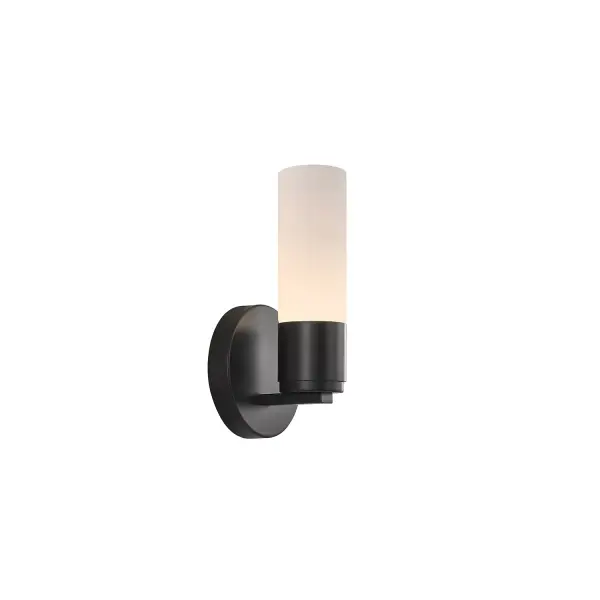 Sleek, architectural wall sconce with a slim cylindrical silhouette that feels modern and refined, Opal glass shade with a smooth exterior and subtle fluted detailing on the interior, creating added texture and visual depth once illuminated, Vertical glass profile delivers a soft, elegant wash of light along the wall without glare or visible light source, Matte black metal finish provides strong contrast against the luminous opal glass while maintaining a restrained, contemporary look, Refined metal arm and compact proportions keep the design clean, tailored, and visually light, Clean round backplate sits flush to the wall for a composed, intentional appearance, Glass shade installs easily by hand with a simple screw-on / screw-off design for straightforward maintenance, ADA compliant with less than 4 inches of projection from the wall, ideal for corridors and high-traffic environments, Can be mounted with the glass facing upward or downward for added design flexibility and visual variation, Provides decorative ambient lighting while remaining functional and unobtrusive, Modern design with subtle mid-century influence that feels timeless rather than trend-driven, Ideal for hallways, bedrooms, bathrooms, and accent lighting near mirrors or artwork, Well suited for residential, hospitality, multifamily, and commercial applications requiring ADA compliance, Integrated LED light source delivering warm 3000K illumination for a comfortable, inviting glow, Capable of being dimmed for customizable light levels and atmosphere, Rated for damp locations, making it suitable for bathroom and hospitality installations, A versatile, enduring design that balances architectural clarity with soft illumination for long-term appeal. Collection: Fusion Finish: Matte Black Glass: Ribbed Glass Width: 4.50" Height: 9.00" Extension from Wall: 4.00" Canopy: 4.5" Dia x 1" Proj. Number of Bulbs: 1 Maximum Wattage: 4.50 W Light Source: LED Light Output: 405.00 lm Delivered Lumens: 265.00 lm Voltage: 120.00 V Safety Rating: Damp ADA LED