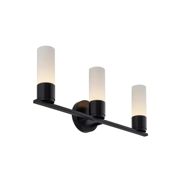 Sleek three-light bath vanity sconce with a strong architectural presence and clean, modern lines, Features three slim cylindrical opal glass shades arranged on a horizontal rectangular bar for symmetry, rhythm, and visual balance, Opal glass is smooth on the exterior with subtle fluted detailing on the interior, visible once illuminated for added depth and texture, Matte black metal finish provides a bold, contemporary contrast against the luminous glass while remaining refined and non-reflective, Minimalist geometry combines cylindrical forms with a clean horizontal bar and round backplate for a composed, intentional look, ADA compliant design with less than 4" projection from the wall, making it ideal for corridors, bathrooms, and high-traffic areas, Can be mounted with the glass facing upward or downward to suit different lighting needs and design preferences, Downward mounting delivers focused, functional illumination ideal for vanities and task-oriented spaces, Upward mounting creates a softer, architectural wash of ambient light along the wall, Balanced proportions allow the fixture to feel substantial without overwhelming wider mirrors or wall expanses, Integrated LED light source delivers energy-efficient performance with warm 3000K illumination, Capable of being dimmed to adjust mood and light levels (with compatible dimmer), ETL listed for damp locations, suitable for bathrooms and moisture-prone areas, Clean, modern aesthetic with subtle mid-century influence, designed to avoid trend fatigue, Ideal for residential, hospitality, and commercial interiors seeking ADA-compliant lighting with elevated design. Collection: Fusion Finish: Matte Black Glass: Ribbed Glass Width: 22.50" Height: 9.00" Extension from Wall: 4.00" Canopy: 4.5" Dia x 1" Proj. Number of Bulbs: 3 Maximum Wattage: 4.50 W Light Source: LED Light Output: 1215.00 lm Delivered Lumens: 800.00 lm Voltage: 120.00 V Safety Rating: Damp ADA LED