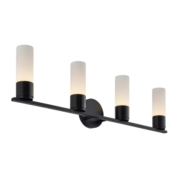 Sleek, architectural 3-light bath vanity design with a clean horizontal emphasis, Three slim cylindrical opal glass shades create a balanced, rhythmic composition with strong visual symmetry, Opal glass is smooth on the exterior with subtle fluted detailing on the interior, revealed when illuminated for added depth and texture, Matte Black finish provides a modern, grounded contrast against the softly glowing glass, Minimal metal bar and refined cylindrical holders maintain a tailored, contemporary profile, Clean round backplate anchors the fixture while keeping the overall look uncluttered and refined, Dual-mount capability allows installation with shades facing upward or downward to suit different lighting needs and aesthetics, Upward orientation creates a soft, ambient wall wash with an architectural feel, Downward orientation provides more directed, functional illumination ideal for vanities and task areas, ADA compliant with a projection of less than 4 inches from the wall, suitable for accessible spaces, Evenly diffused light with no visible bulb glare for comfortable, flattering illumination, Integrated LED technology delivers efficient, long-lasting performance, 3000K color temperature provides a warm, inviting glow, Dimmable capability allows control over brightness and ambiance, Rated for damp locations, making it suitable for bathrooms and covered vanity applications, Modern design with subtle mid-century influence for timeless appeal, Ideal for residential, hospitality, and multifamily environments, Versatile style complements contemporary, transitional, and minimalist interiors, Designed to feel substantial yet visually light, offering both function and refined presence. Collection: Fusion Finish: Matte Black Glass: Ribbed Glass Width: 32.00" Height: 9.00" Extension from Wall: 4.00" Canopy: 4.5" Dia x 1" Proj. Number of Bulbs: 4 Maximum Wattage: 4.50 W Light Source: LED Light Output: 1620.00 lm Delivered Lumens: 1050.00 lm Voltage: 120.00 V Safety Rating: Damp ADA LED