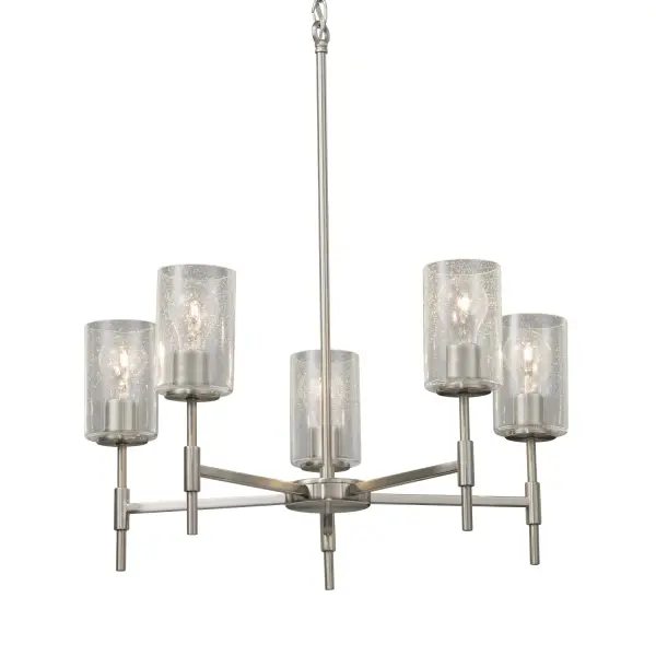 Collection: Fusion Finish: Brushed Nickel Glass: Artisan Glass Width: 24.00" Height: 25.00" Canopy: .75" H x 5" Dia. Number of Bulbs: 5 Maximum Wattage: 100.00 W Bulb Type: A19 Safety Listing: Damp Safety Rating: Damp