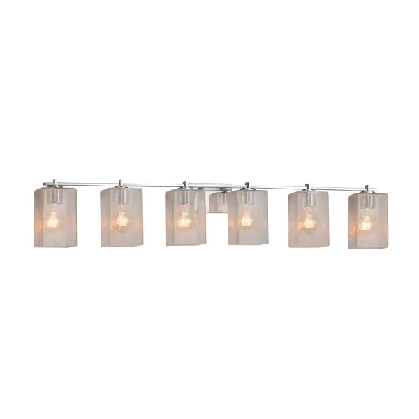 Collection: Fusion Finish: Polished Chrome Glass: Artisan Glass Width: 54.00" Height: 7.75" Extension from Wall: 6.00" Number of Bulbs: 6 Maximum Wattage: 100.00 W Bulb Type: A19 Safety Listing: Damp Safety Rating: Damp