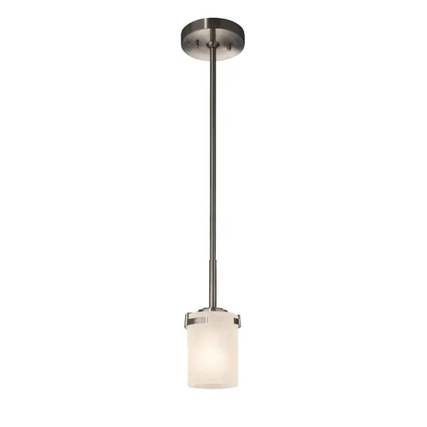 Collection: Fusion Finish: Brushed Nickel Glass: Artisan Glass Width: 4.50" Height: 6.00" Canopy: 1" H x 5.25" Dia. Number of Bulbs: 1 Maximum Wattage: 40.00 W Bulb Type: A19 Safety Listing: Damp Safety Rating: Damp