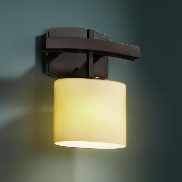 Archway ADA 1-Light Wall Sconce Collection: Fusion Finish: Dark Bronze Glass: Artisan Glass Width: 9.00" Height: 11.00" Extension from Wall: 4.00" Top to Outlet: 8.75" Number of Bulbs: 1 Maximum Wattage: 100.00 W Bulb Type: A19 Safety Listing: Damp Safety Rating: Damp ADA